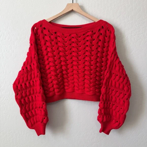 alice + olivia Allene Chunky Open Stitch Ruby Red Crop Sweater Medium NWOT $495